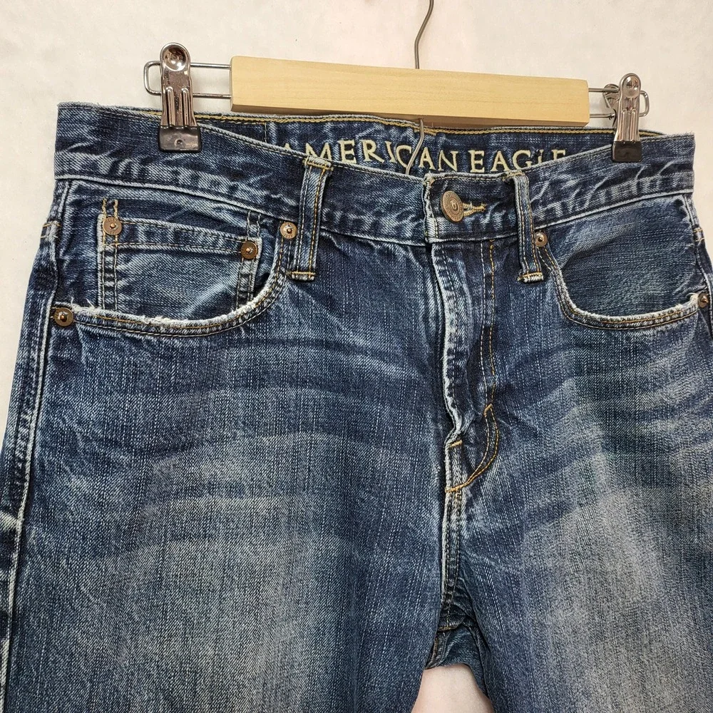American Eagle Mens Straight Leg Jeans Blue Medium Wash Distressed Denim 31x32